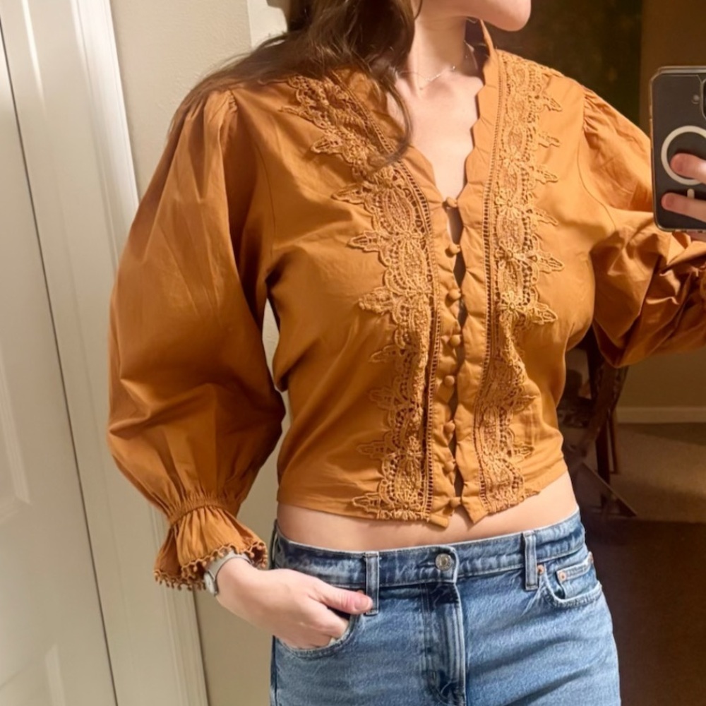 Embroidered lace size medium orange Free People Anthropologie style Blouse